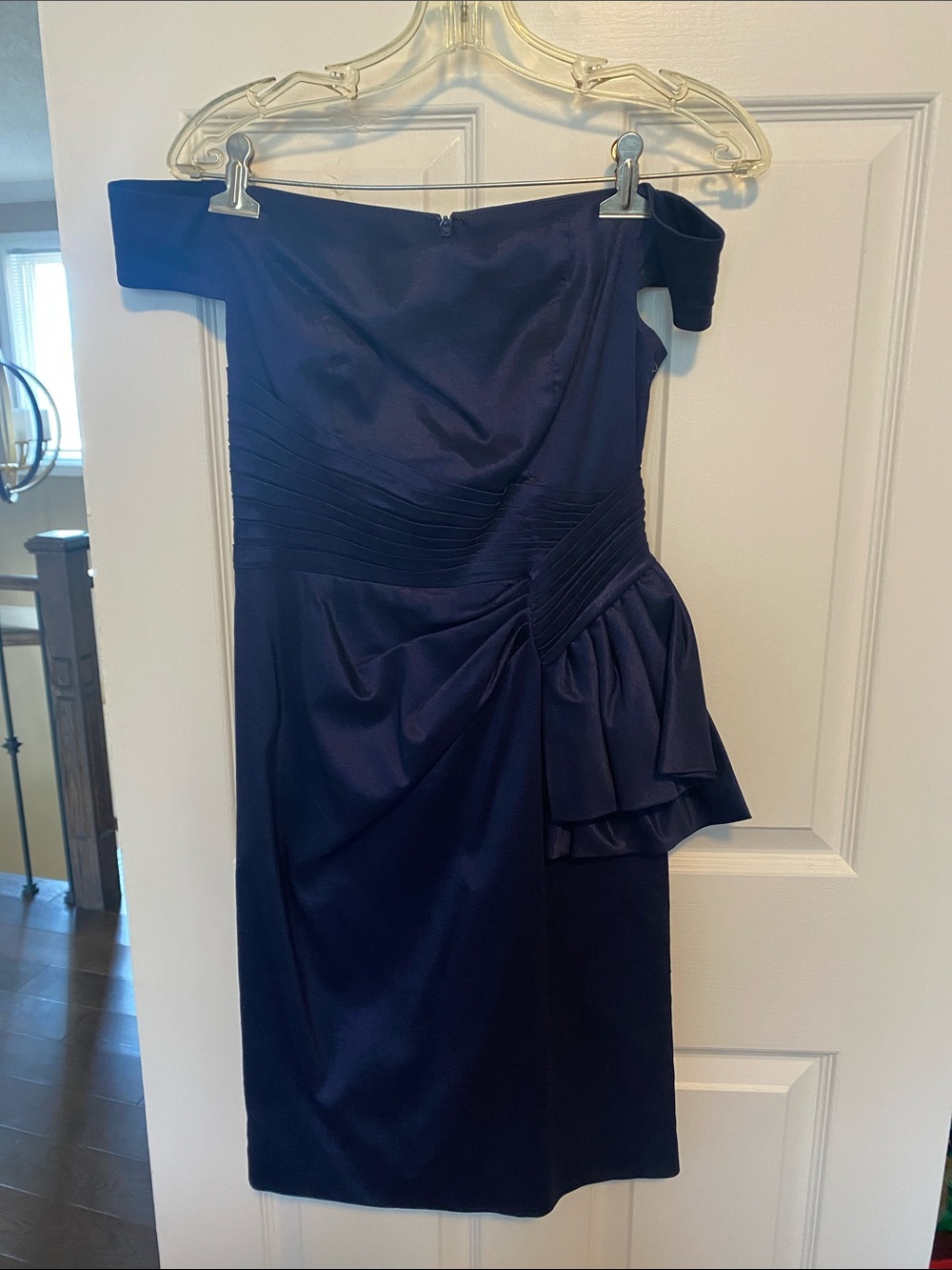 Eliza J off the Shoulder Navy Cocktail Dress with Draped Ruffle